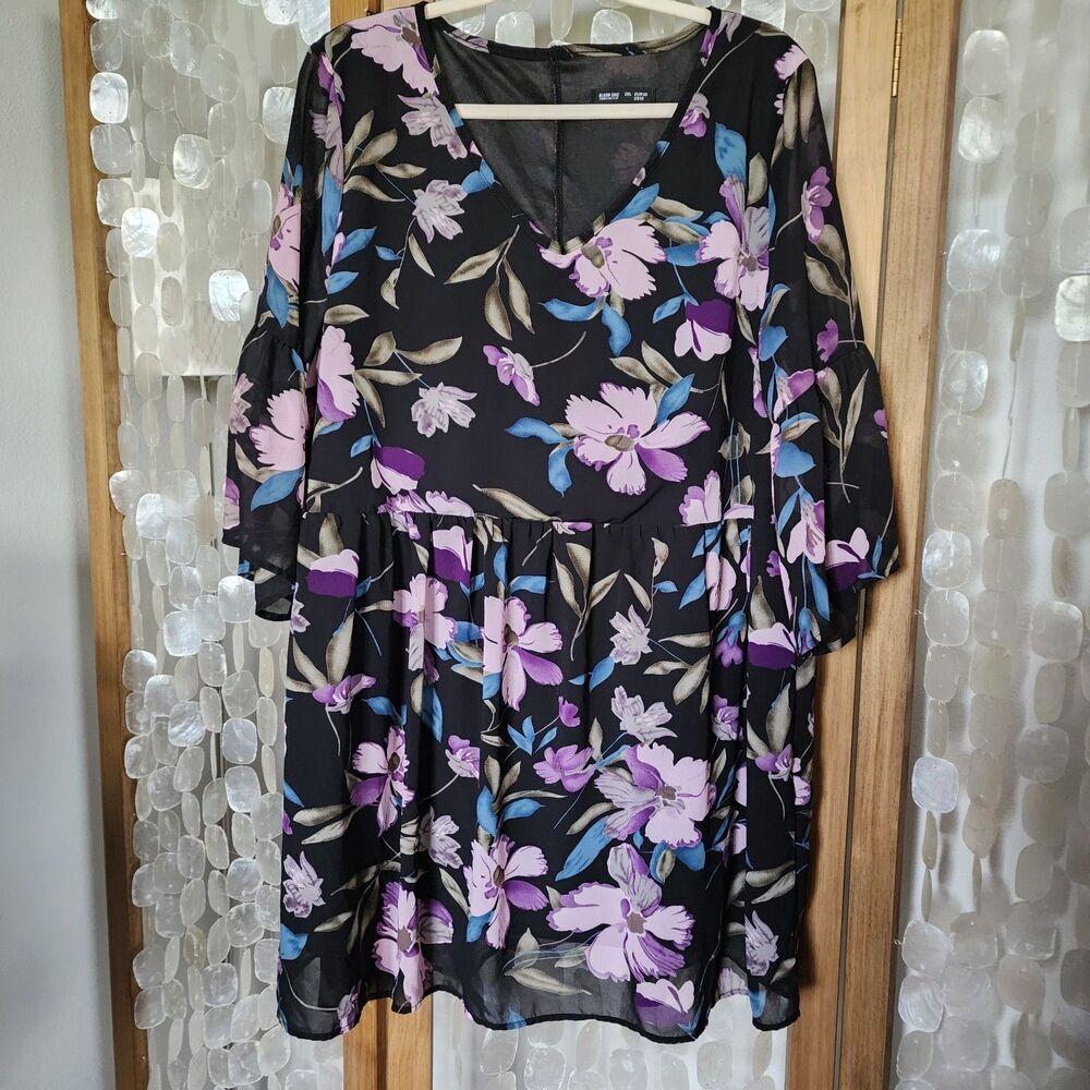 Bloom Chic Dress 2XL Black Floral Chiffon Babydoll Boho Flowy V Neck Plus Size